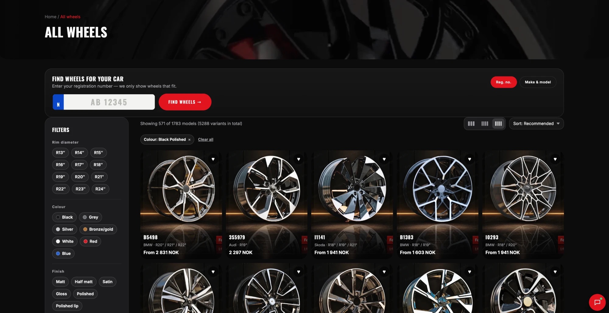 Wheel catalogue with filters and car selector